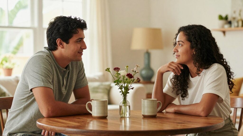 Pareja sentada frente a frente en una mesa de madera conversando con tazas de cerámica.