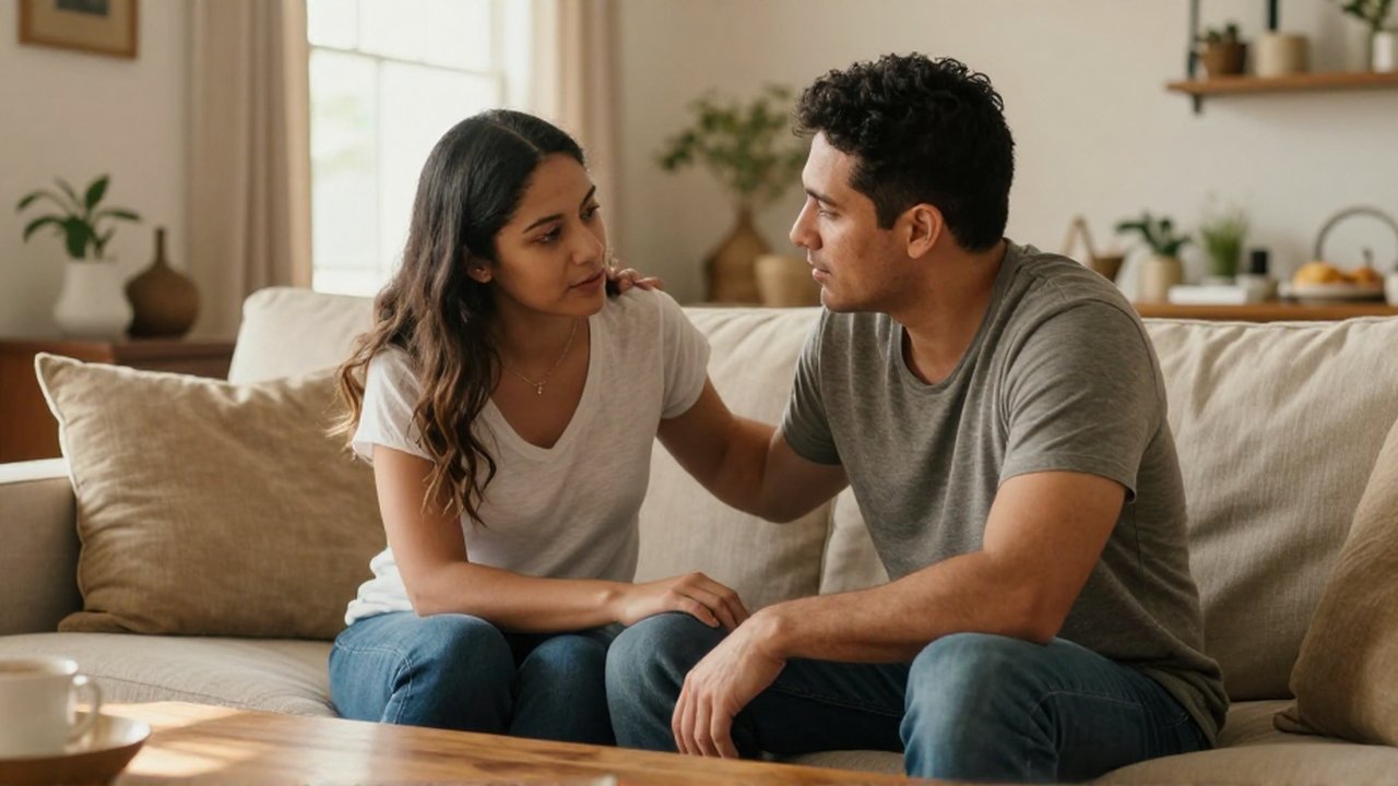 Un hombre y una mujer latinoamericanos conversan sentados en un sofá dentro de una sala acogedora.