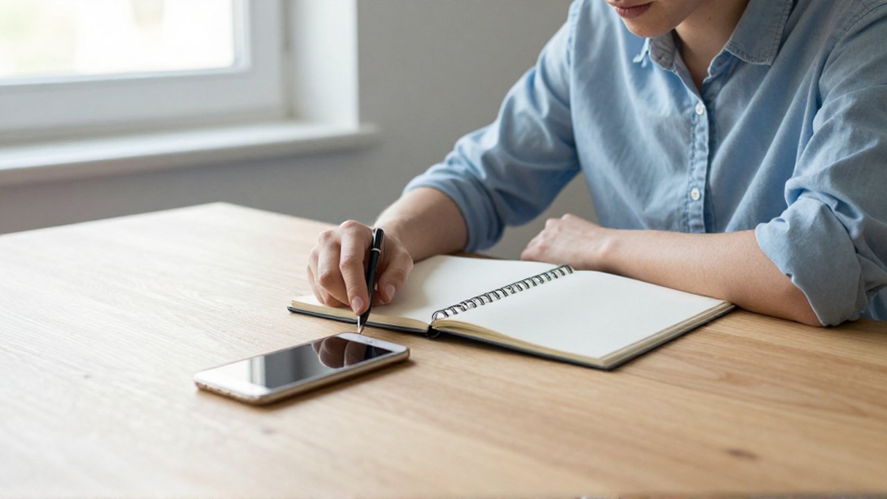 Persona sentada en un escritorio de madera frente a un cuaderno con la mano extendida hacia un teléfono brillante.